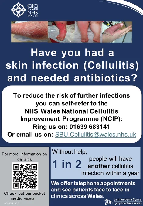A poster with blueand grey background with white texts. The poster has pictures of what a skin infected with cellulitis looks like and a call to action to self refer to the NHS Wales National Cellulitis Improvement Programme(NCIP) either by calling - 01639683141 or send an email to SBU.Cellulitis@wales.nhs.uk
At the top left is the Swansea bay University Health Board logo and at the bottom right is the lymphoedema Wales Clinical Network's logo. 