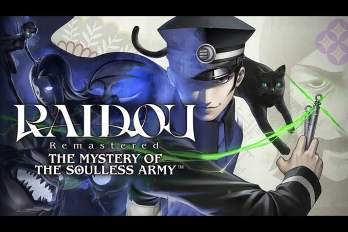 Key art for Radiou Remastered: The Mystery of the Soulless Army featuring main character Raidou in a dynamic pose. The game's title and logo are superimposed on top.