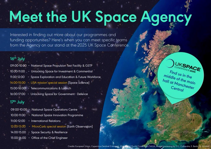 09:00-10:00  –  National Space Propulsion Test Facility & GSTP
10:00-11:00    –  Unlocking Space for Investment & Commercial 
11:00-12:00    –  Space Exploration and Education & Future Workforce
14:00-15:00   –  LISA mission special session [Space Science]
15:00-16:00   –  Telecommunications & Launch
16:00-17:00   –  Unlocking Space for Business/Defence

09:00-10:00  –  National Space Operations Centre 
10:00-11:00    –  National Space Innovation Programme
11:00-12:00    –  International Relations
12:00-13:00    –  MicroCarb special session [Earth Observation]
14:00-15:00   –  Space Security & Resilience 
15:00-16:00   –  Office of the Chief Engineer