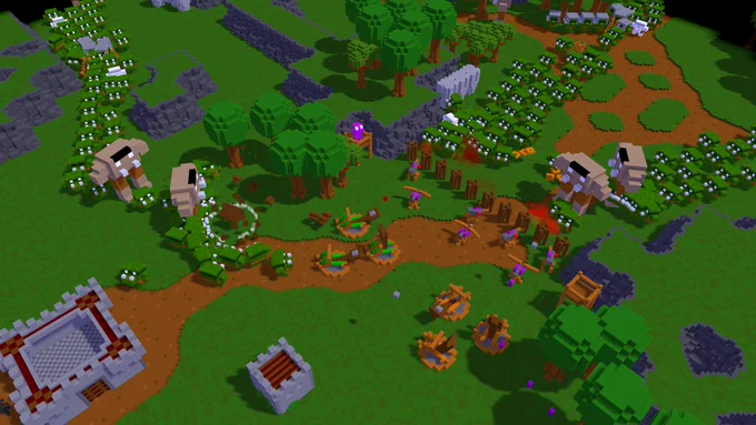 Zoomed out shot of a voxel-based landscape, a line of defense with ballistas and catapult being swarmed by orcs and giant ogres
