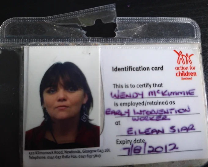 An image of a tattered ID badge. It gives Wendy's name, role and location - which was on the Scottish Isle of Lewis. The expiry date was 2012. In the photo, Wendy is fresh faced and rocking a heavy fringe and dark eye makeup.