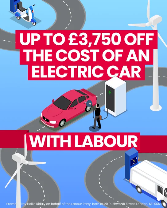 A graphic of a person plugging in an electric vehicle. Line reads: Up to £3,750 off the cost of an electric car with Labour