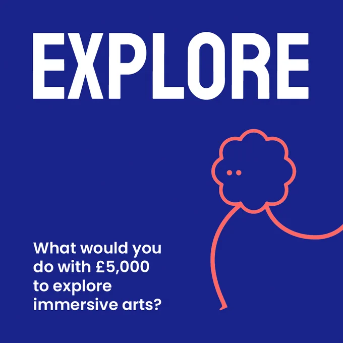An image with a royal blue background, featuring the word ‘Explore’ in the top left corner. A bubble-shaped character appears next to text that reads, ‘What would you do with £5,000 to explore immersive arts?’