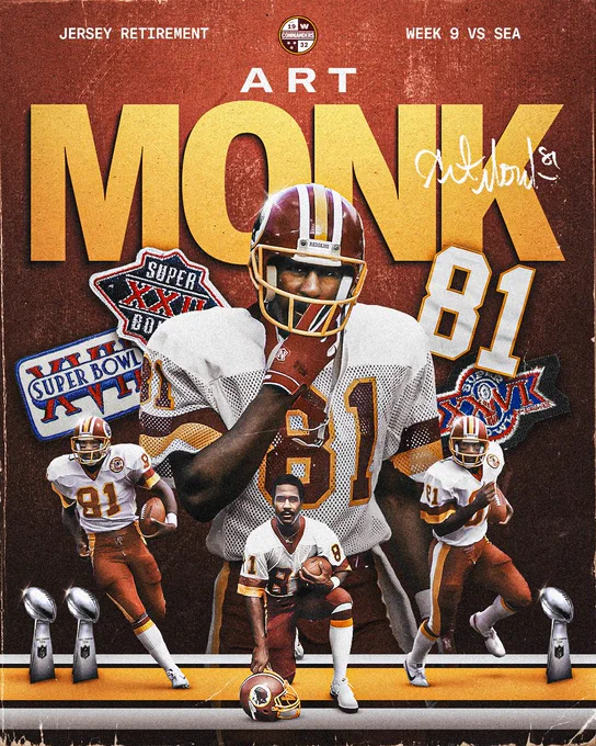 Graphic for Art Monk’s jersey retirement. Graphic says “JERSEY RETIREMENT WEEK 9 VS SEA ART MONK”. Graphic features 4 cutouts of Monk wearing a burgundy helmet, white jersey and burgundy pants. Also shown are patches from Super Bowls XVII, XXII and XXVI, as well as three Super Bowl trophies. Monk’s signature and jersey number, 81, are also shown.