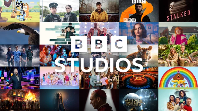 Composite image featuring titles from BBC Studios production labels and invested indies. BBC Studios logo sits in white in the middle.
