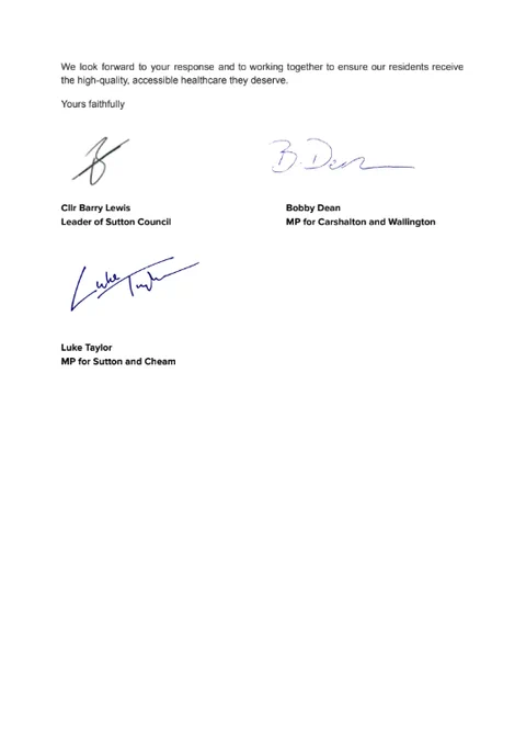 The image shows a letter to Sutton GPs and NHS commissioners on headed Sutton Council paper from Cllr Barry Lewis, Leader of the Council and MPs Luke Taylor and Bobby Dean. The letter is asking them to implement the findings of the Health Watch Sutton report into GP services.