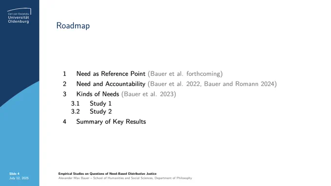 Roadmap

1. Need as Reference Point (Bauer et al. forthcoming)
2. Need and Accountability (Bauer et al. 2022, Bauer and Romann 2024)
3. Kinds of Needs (Bauer et al. 2023)
3.1 Study 1
3.2 Study 2 
4. Summary of Key Results