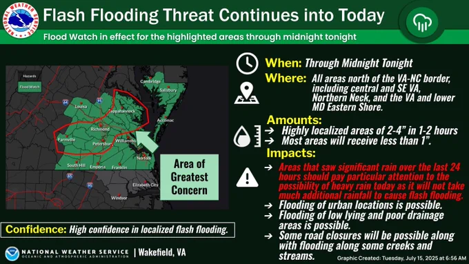 Flood watch image including much of central/eastern VA into the lower MD eastern shore.