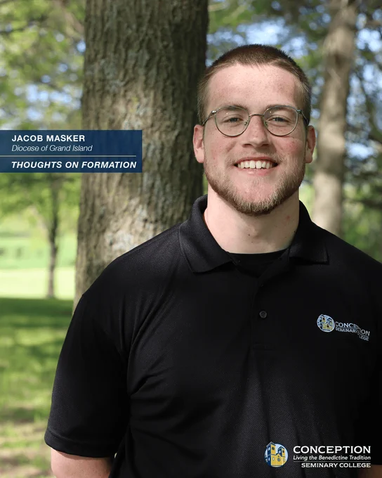 A young man stands outdoors, wearing a black polo shirt with the Conception Seminary College logo. Text overlays indicate his name, "Jacob Masker", his affiliation with the Diocese of Grand Island, and introduce his thoughts on formation stages at Conception Seminary College.
