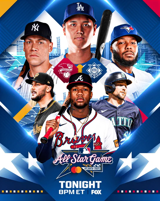 All-Star Game, Atlanta 2025
American League vs. National League
Presented by Mastercard
Tonight, 8PM ET on FOX
Pictured clockwise from top left: Aaron Judge, Shohei Ohtani, Vladimir Guerrero Jr., Cal Raleigh, Ronald Acuña Jr., and Paul Skenes shown in headshots and action poses in their respective team's uniforms. In the background is Atlanta's Truist Park.
