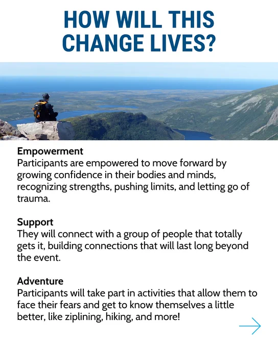 An image featuring a picture of someone at a lookout along the Gros Morne hiking trail. The copy reads: How will this change lives? Empowerment, participants are empowered to move forward by growing confidence in their bodies and minds, recognizing strengths, pushing limits, and letting go of trauma. Support, They will connect with a group of people that totally gets it, building connections that will last long beyond the event. Adventure, Participants will take part in activities that allow them to face their fears and get to know themselves a little better, like zip lining, hiking, and more!