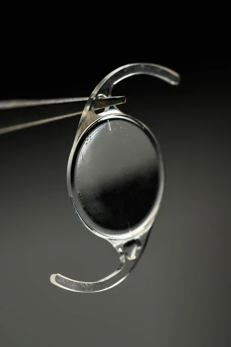 Close up of an intraocular lens being held by a set of tweezers. 