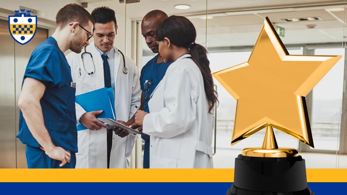 Graphic featuring four clinicians, two of them wearing white coats and the other two wearing blue scrubs, and a star-shaped trophy.