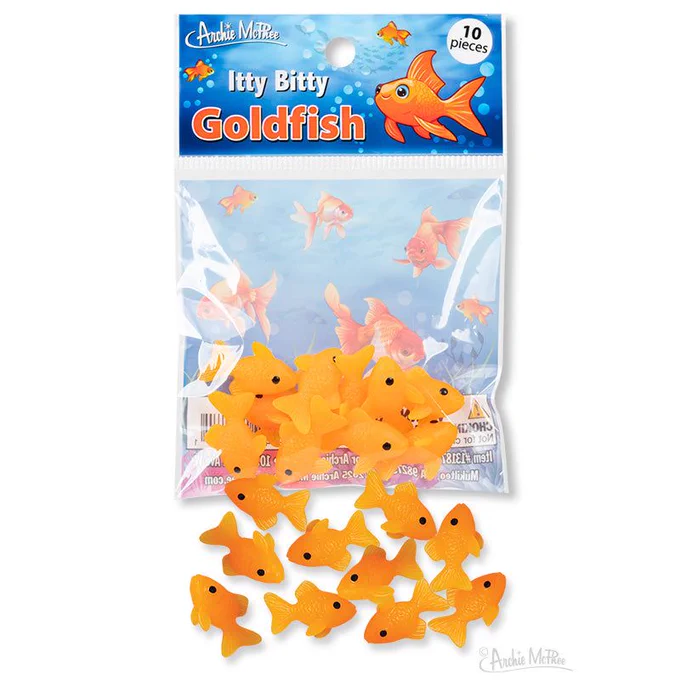 A bag of ten tiny orange goldfish. 