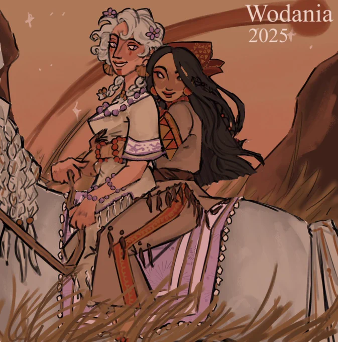 a piece of Dany and Irri riding on Silver during dusk. Irri embraces Dany from behind and Dany looks back at her with a smile. They both wear hide tunics and riding pants, Dany’s white and purple while Irri’s are brown and red. A sea of grass surrounds them with large rock formations in the background.