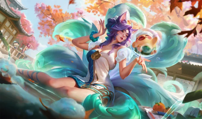 An illustration of Ahri relaxing in a hot spring beneath trees with spirit blossoms and autumn leaves. She winks at a cuddly duck friend in a bubble floating in her palm.