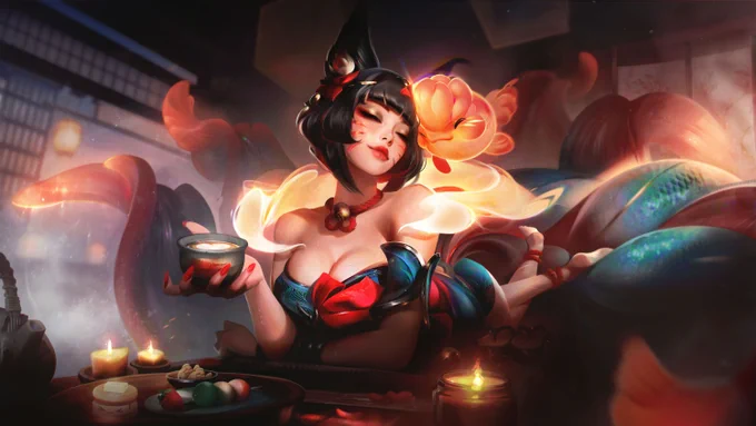 An illustration of Ahri laying on her stomach inside an onsen inn filled with candles and lights. She's holding a steaming cup of tea and nuzzling heads with a chubby fish spirit friend.