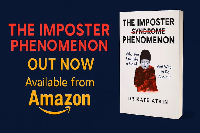 Navy banner advertising The Imposter Phenomenon book, out now, available from Amazon. Picture of book cover, with a red figure holding a white mask on RHS.