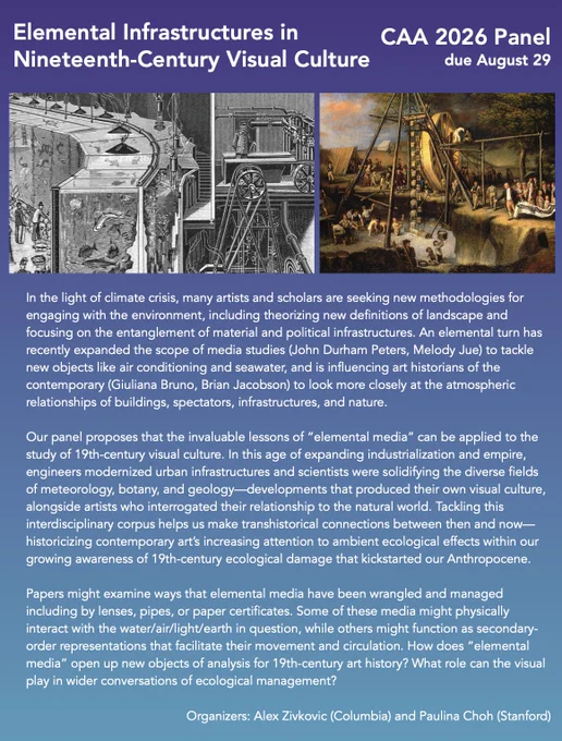 Poster for a panel on Elemental Media in the 19th century, featuring a diagram of aquarium infrastructures and a painting of an excavation.