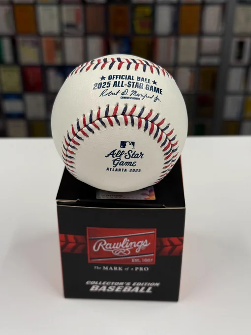 A white Rawlings baseball with blue and red stitching and the Atlanta-themed All-Star Game logo on it. 