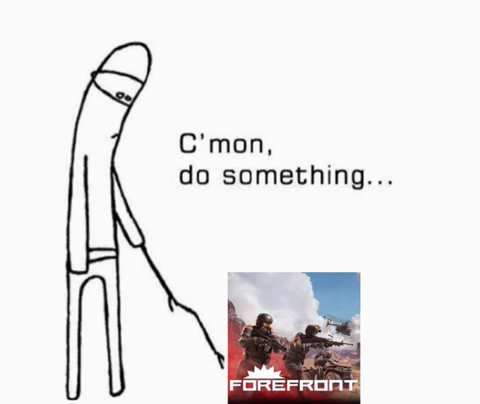 Man poking something with a stick meme, he is poking the forefront cover art - "c'mon do something..."
