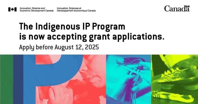 Collage showing a First Nations wood carver, a close-up of hands weaving a Métis sash and a close-up of an Inuit stone lamp called a qulliq. Text: The Indigenous IP Program is now accepting grant applications. Apply before August 12, 2025. 