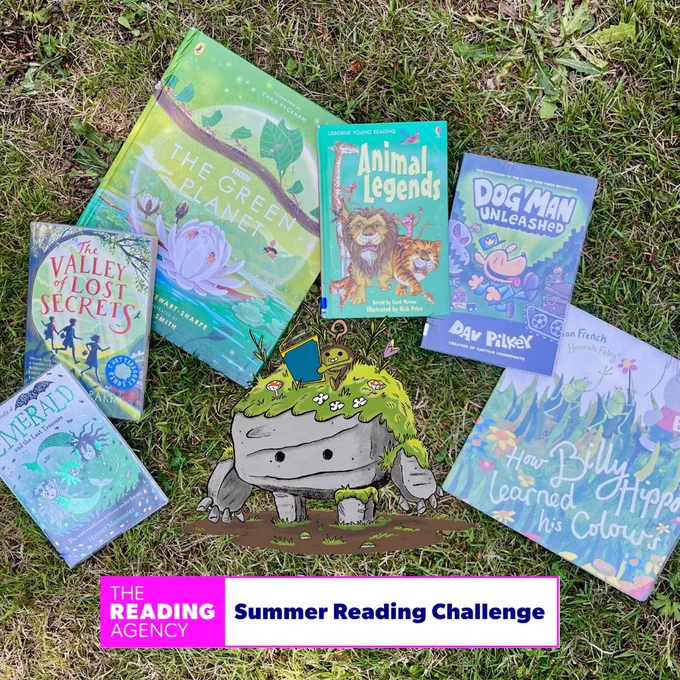 Photograph of six children's books on the grass in Farnham Library gardens with a graphic of a Story Garden character from the Summer Reading Challenge and the logo for The Reading Agency - Summer Reading Challenge. 