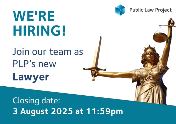 PLP logo and depiction of Justice. Text says: "We're hiring! Join our team as PLP's new Lawyer. Closing date: 3 August 2025 at 11:59pm."