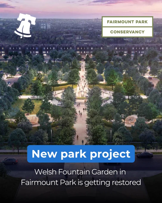 Renderings of a new park project to restore the Welsh Fountain Garden in Fairmount Park, Philadelphia