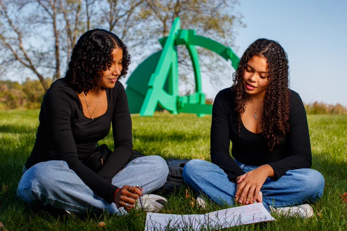 Two people sitting on grass in a park, looking at a map, with a large green sculpture in the background.