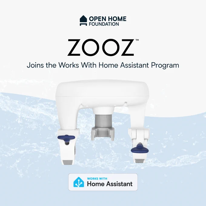 A social graphic created from the blog's header image, by our graphic designer Clelia Rella. In the center of a light blue and white background is the Zooz ZAC36 Titan Water Valve Actuator. At the top is the Open Home Foundation name and logo, with the text "ZOOZ Joins the Works With Home Assistant Program" just below it. Under the valve actuator is the Works With Home Assistant badge.