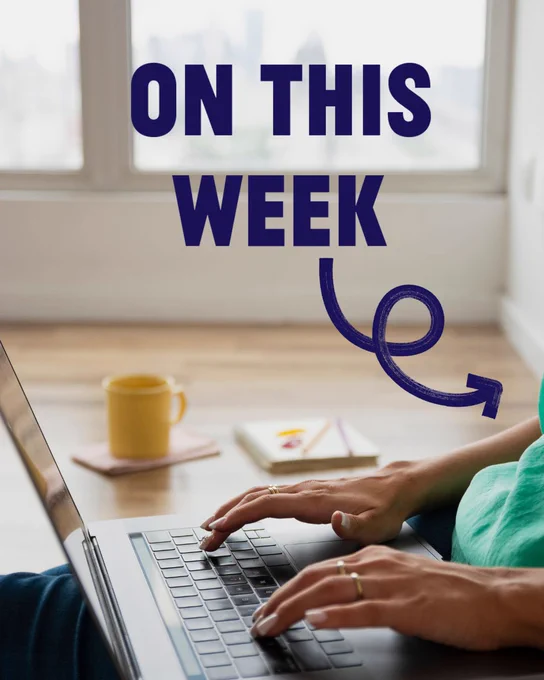 Person using a laptop at a desk with a yellow mug and notepad nearby, text overlay reads 'ON THIS WEEK' with a blue arrow graphic.