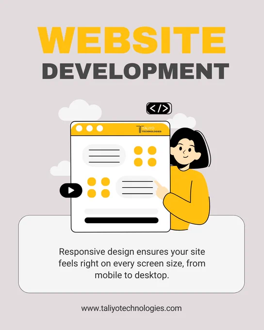 Illustration of a woman pointing at a responsive website interface, highlighting Taliyo Technologies’ web development services. Emphasizes mobile to desktop adaptability.