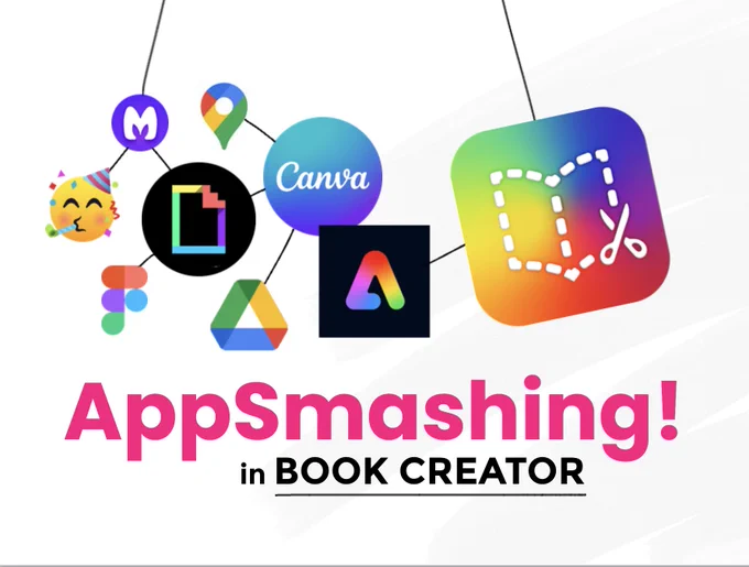 Collage of app logos including Canva, Figma, and Google Drive with text: "AppSmashing! in Book Creator".