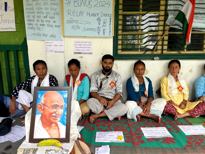 Tea garden workers and union leaders at a strike at Longview tea estate. 
