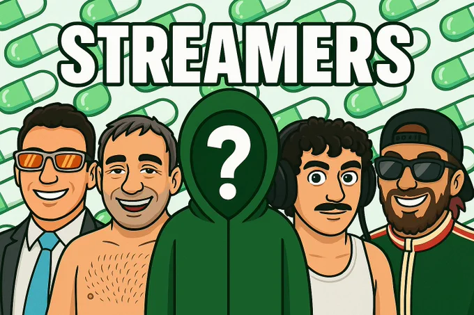 Four of the biggest pumpfun streamers, with a mystery streamer in the center. Who could it be???