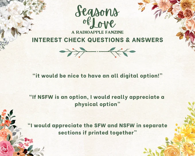 An image containing three questions regarding Seasons of Love: A RadioApple Fanzine. 

First, “it would be nice to have an all digital option!”

Second, “If NSFW is an option, I would really appreciate a 
physical option”

and Third, “I would appreciate the SFW and NSFW in separate sections if printed together”
