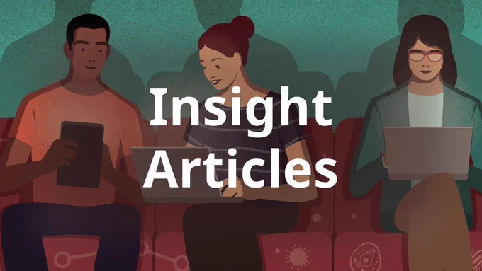Illustration of three people sitting and using digital devices, with the words “Insight articles” overlaid in bold white text.