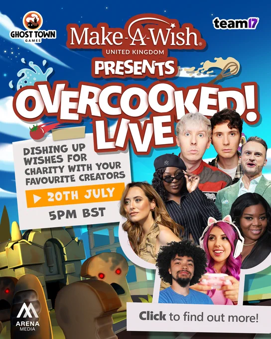 Brightly coloured poster for 'Overcooked Live!', an event hosted by Make-A-Wish UK with the support of Team17, Ghost Town Games and Arena Media UK. The image features game play from the Overcooked game with a sticky note that says: 'Dishing up wishes for charity with your favourite creators.' The event is happening on July 20 at 5pm BST. There are various creators also featured including Dan Howell, Phil Lester, Yammy, Theo Thomas, Ebonix, Cassie Hughes, Adam Savage and Alice Pixels.