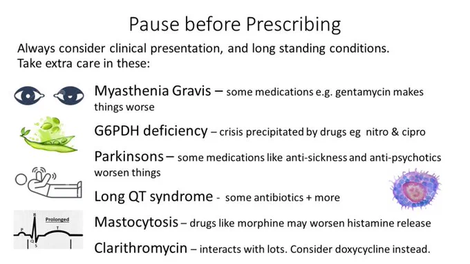 Pause before Prescribing
Always consider clinical presentation, and long standing conditions.
Take extra care in these:
Myasthenia Gravis, some medications e.g. gentamycin makes things worse
G6PDH deficiency - crisis precipitated by drugs eg nitro & cipro
Parkinsons- some medications like anti-sickness and anti-psychotics worsen things
Long QT syndrome - some antibiotics   more
Prolonged
Mastocytosis - drugs like morphine may worsen histamine release Clarithromycin - interacts with lots. Consider doxycycline instead