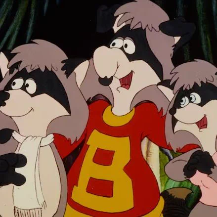 The photo is a still image from an animated series featuring three anthropomorphic raccoon characters. The central raccoon is wearing a red shirt with a large yellow "B" on it, smiling broadly. Flanking this character are two other raccoons: one on the left wearing a white scarf and a light-colored outfit, and one on the right dressed in a pink top, both with friendly expressions. The background consists of lush green foliage, suggesting a forest or natural setting. The art style is colorful and cartoonish, typical of classic animated TV shows.