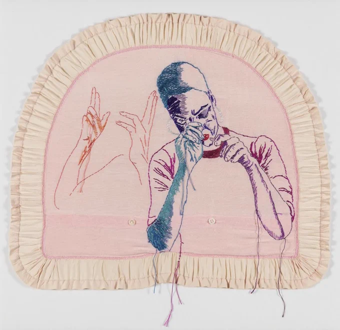 Embroidered silk portrait of a woman