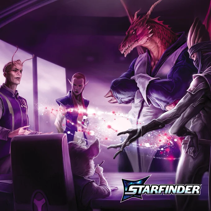 A council of a lashuna, an elf, a dragonkin, an ysoki, and a kasatha from Starfinder all stand together around a hologram map in discussion. In the bottom right corner of the image is the "Starfinder" Second Edition logo. 