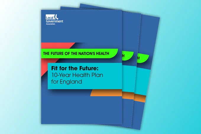 A blue publication is fanned out with the words: The future of the nation's health, Fit for the future: 10 Year Health Plan for England