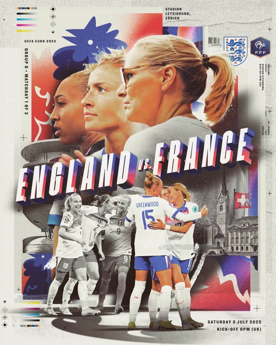 Matchday vs France
Our #WEURO2025 campaign begins today! 🤩 
8pm (UK), Stadion Letzigrund, ITV1