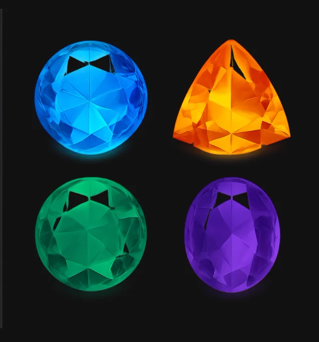 Four ultra-realistic gemstones, each representing Gemini, Grok, ChatGPT, and Claude, displayed on a transparent background — created by useinvent.com