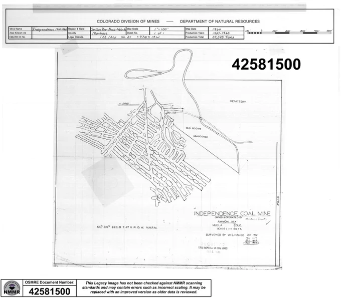Black and white schematic map of Independence Coal Mine in Montrose County, Colorado, showing mine tunnels, old rooms, and cemetery area from 1960.