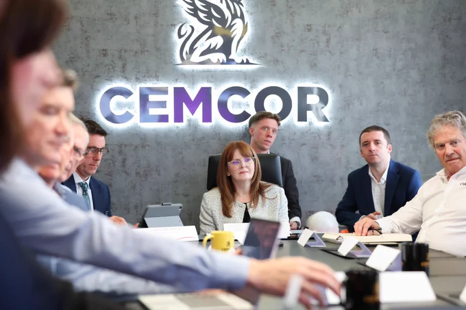 Photograph of Economy Minister Dr Caoimhe Archibald during her meeting with representatives from the Mid Ulster Biorefinery and Circular Economy Cluster in the boardroom at Cemcor, Cookstown.