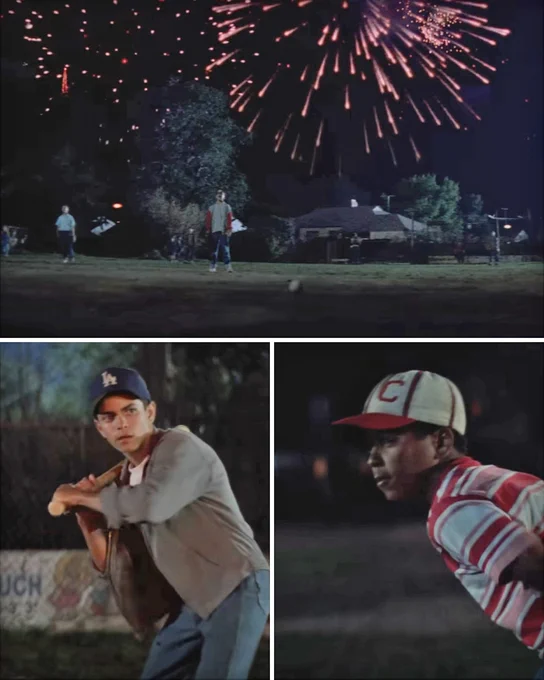 Three screenshots from the 4th of July scene in The Sandlot movie.