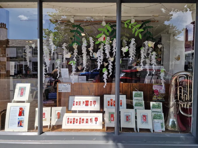 The shop window of The New Bookshop with greeting cards featuring the work of Natalie Burns and The Postal Paths. 
